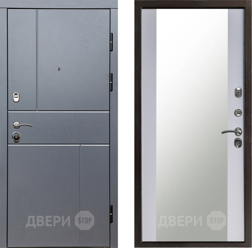 Входная металлическая Дверь Престиж Горизонт Грэй Зеркало Белый софт в Серпухове