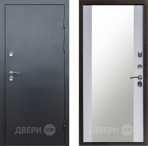 Входная металлическая Дверь Престиж TERMO с терморазрывом Снегирь Серебро Зеркало Белый софт в Серпухове
